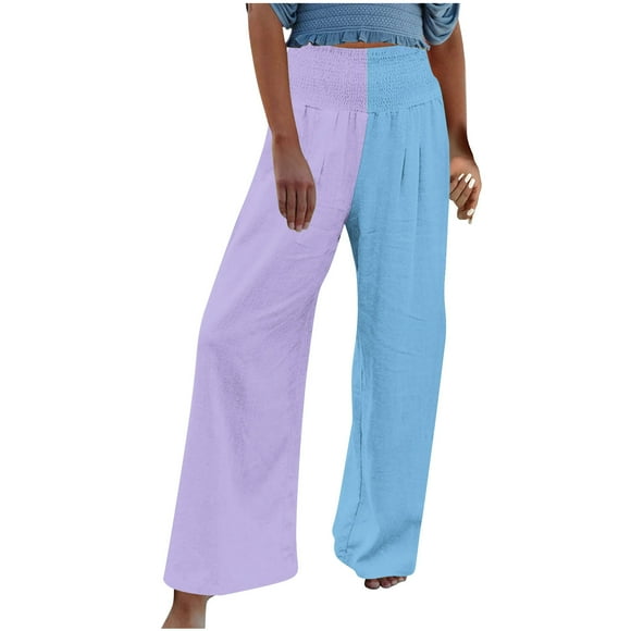 Timegard Wide Leg Pants for Women High Waisted Smocked Color Block Beach Wear Casual Loose Trousers