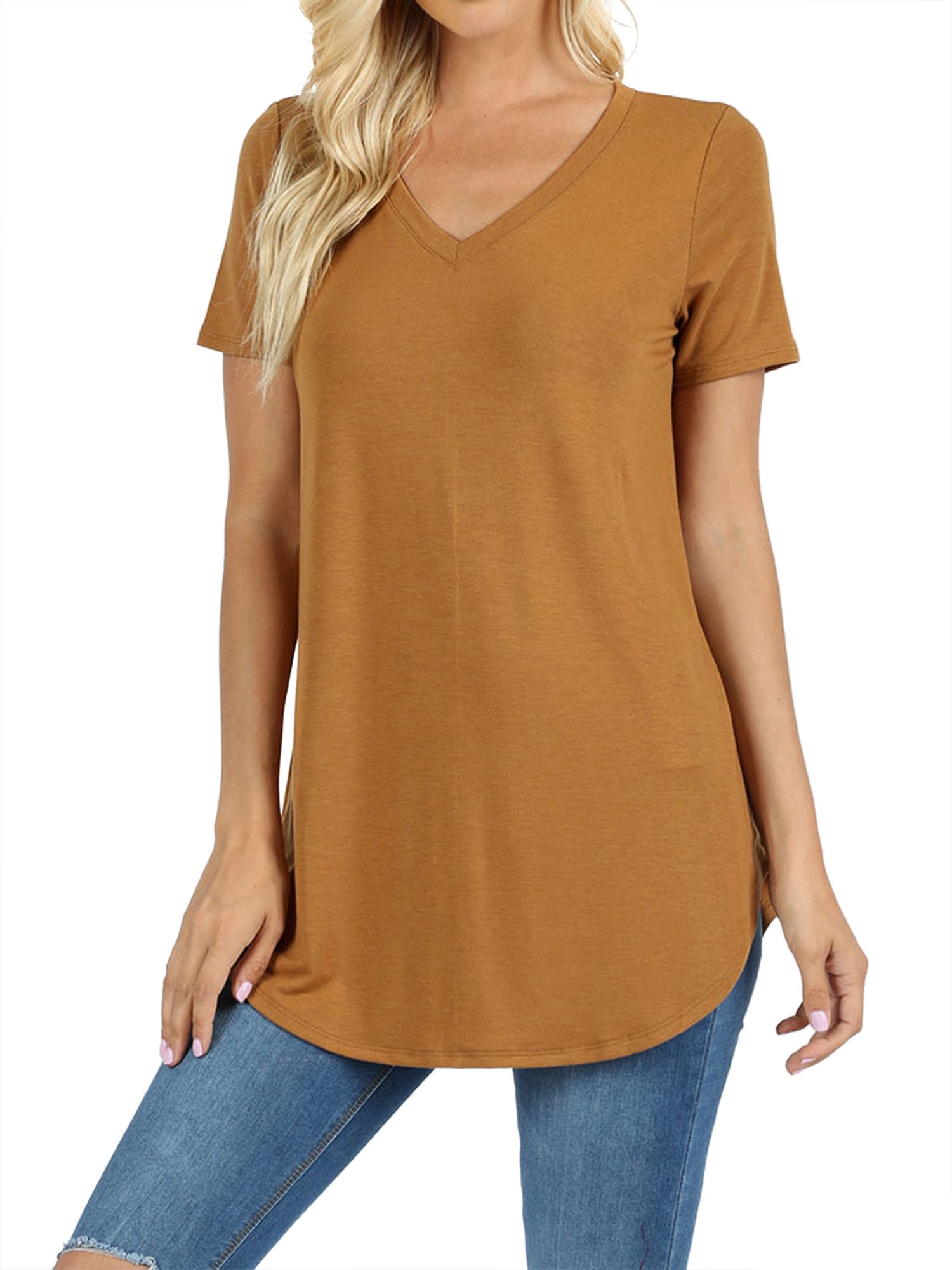 Thelovely Women Short Sleeve V Neck Round Hem Relaxed Fit Casual Tee Shirt Top Coffee Small