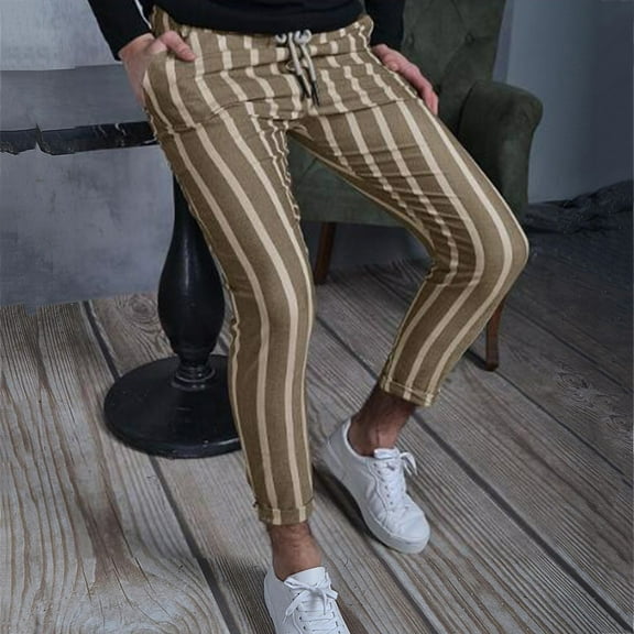 Holloyiver Men's Jogger Pants Personalized Striped Pants Pocket Tied Small Leg Pants Suit Pants Pencil Pants For Khaki,2XL