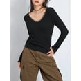 thumbnail image 3 of Biezeib Women Long Sleeve Knit T-Shirts Solid Color Lace Trim V-Neck Shirts Spring Fall Casual Slim Fit Tops Streetwear, 3 of 6