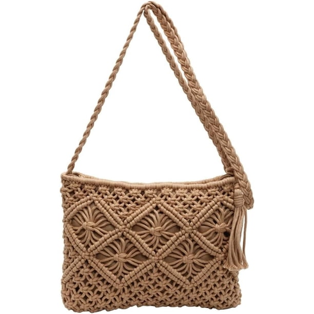 LHSHIDU Bohemian Crochet Beach Bag Women 2025 Summer Woven Shoulder Crossbody Purses Tote Handbags with Tassels 2025
