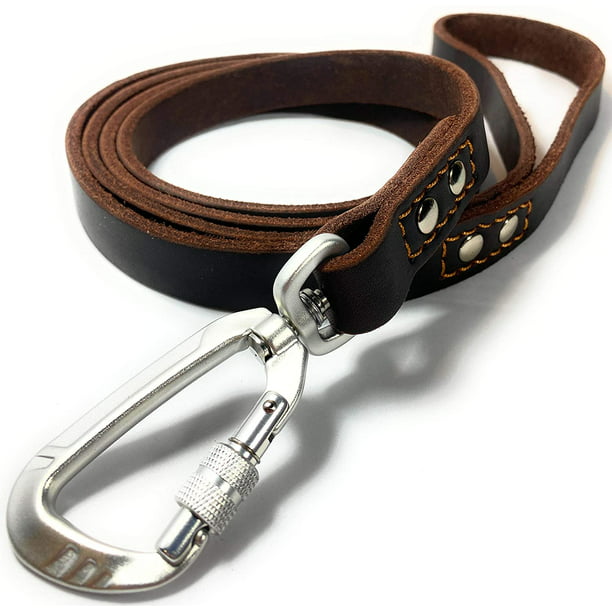 Enthusiast Gear Leather Dog Leash With Locking Carabiner Strong And