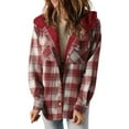 thumbnail image 2 of EchfiProm Red Checkered Jacket Women Hooded Fleece Lined Button Up Winter Warm Coat, 2 of 8