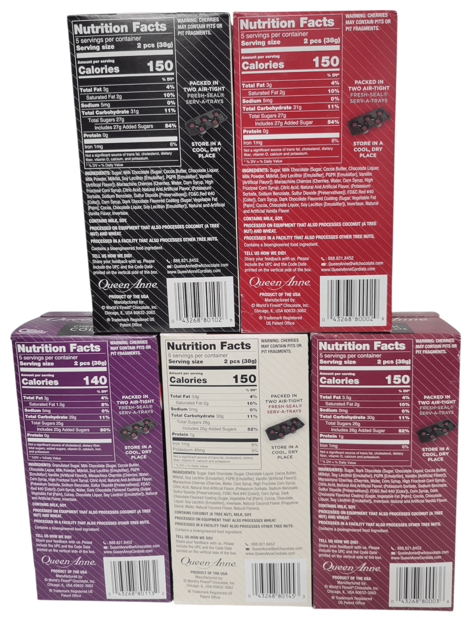 Queen Anne Cordial Cherries Assorted Flavors: Milk Chocolate, Dark Chocolate, Cherry Cola, French Vanilla, & Dark Chocolate with Coconut , (10 Pieces Each)
