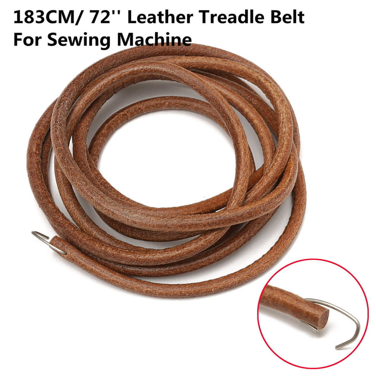72" Brown Leather Belt With Metal Hook For Treadle Singer Sewing