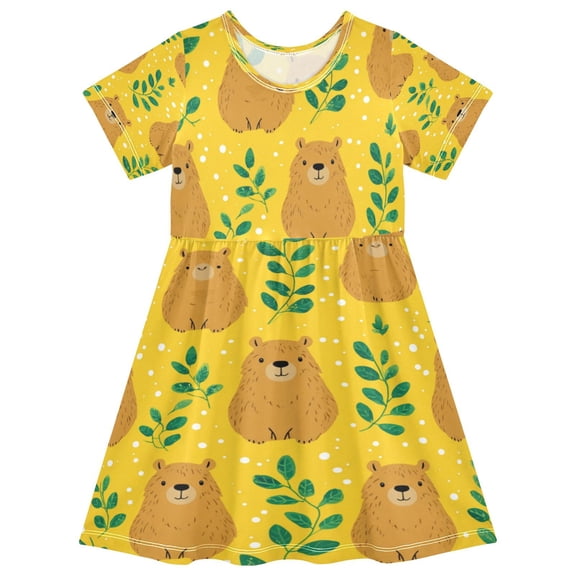 Girls Short Sleeve A-Line Dress Capybara and Green Leaves Play Dress Sizes 2T