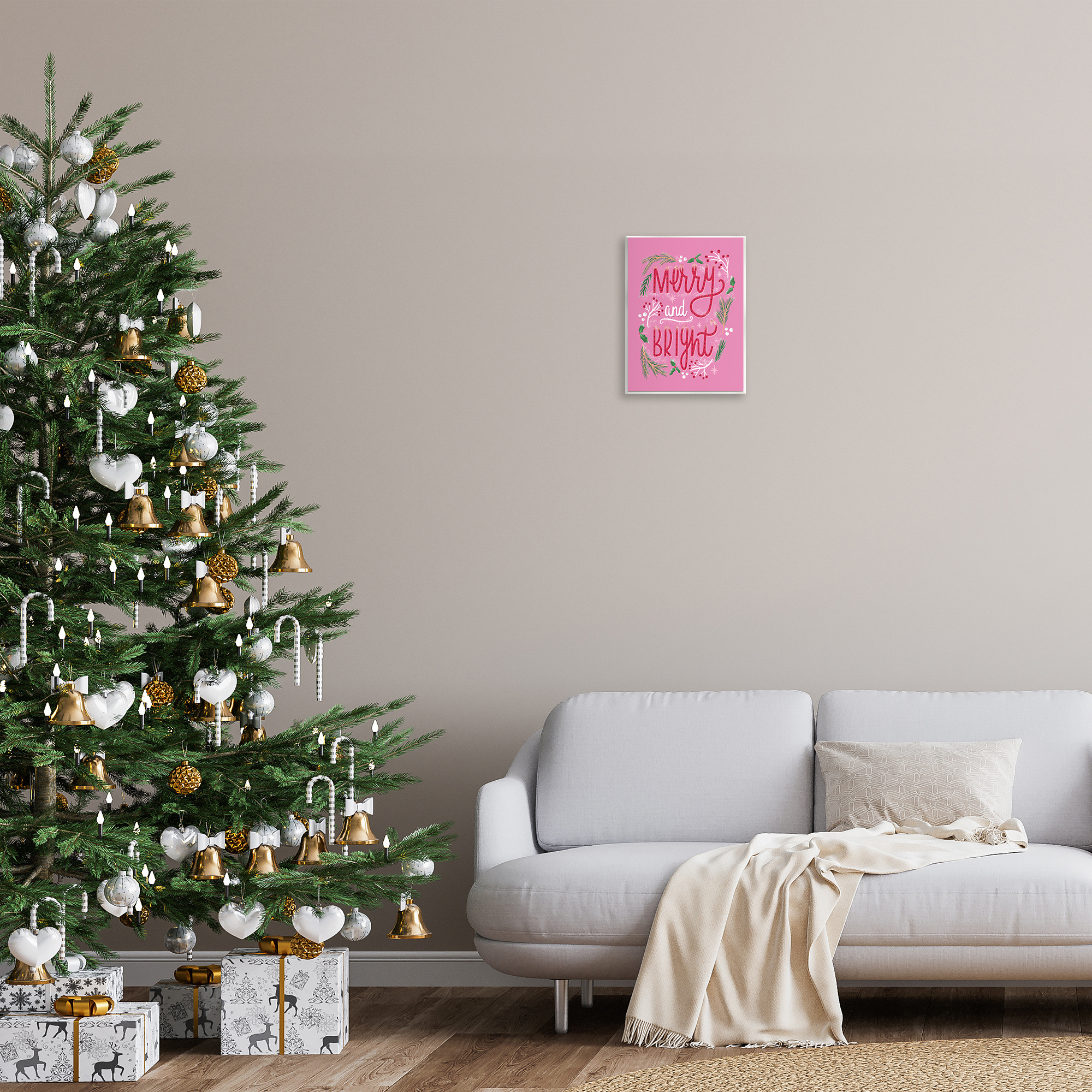 Stupell Industries Merry and Bright Pink Pine Holiday Painting Unframed Art Prints Wall Art, 11 x 14