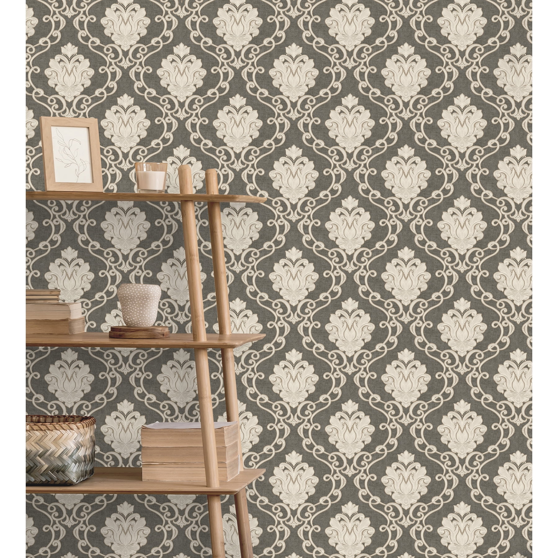 Fine Decor Florentine Charcoal Damask Wallpaper, 20.9-in by 33-ft