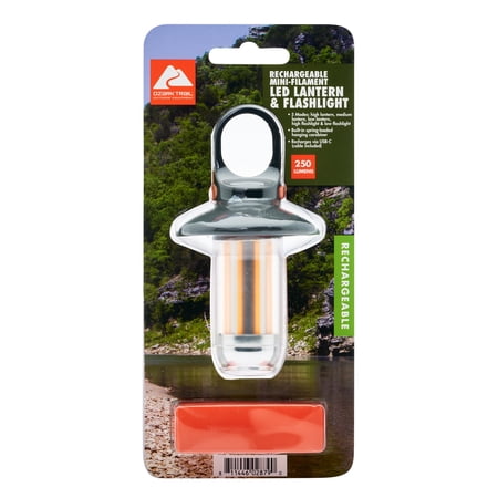 OZARK TRAIL 250-LUMEN ELECTRIC CAMPING LANTERN, RECHARGEABLE MINI FILAMENT LANTERN AND FLASHLIGHT