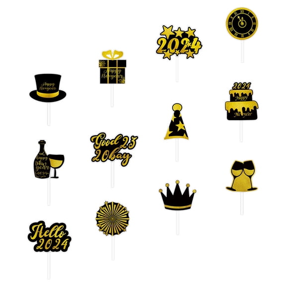 WRITWAA 12Pcs Glitter New Year Cupcake Toppers Assorted Colors Cake Picks Party Dessert Decorations