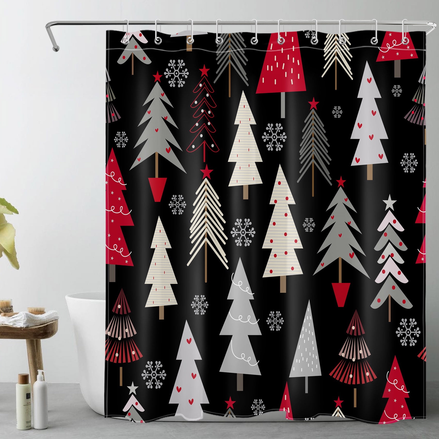 HVEST Black Christmas Shower Curtain Decor, Grey and Red Xmas Tree with