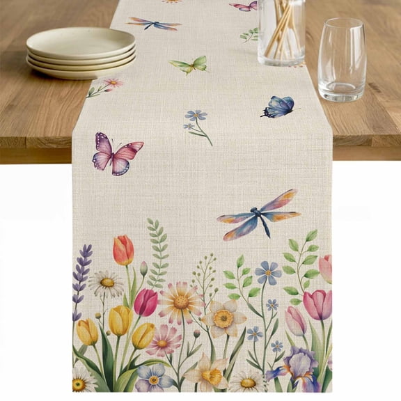 Wildflowers Table Runner - 48 Inch Long Spring Vintage Tulip Butterfly Floral Leaf Cotton and Linen Blended Dress Scarves Farmhouse Table Runner for Kitchen Dining, Coffee Table, 13" x 48"