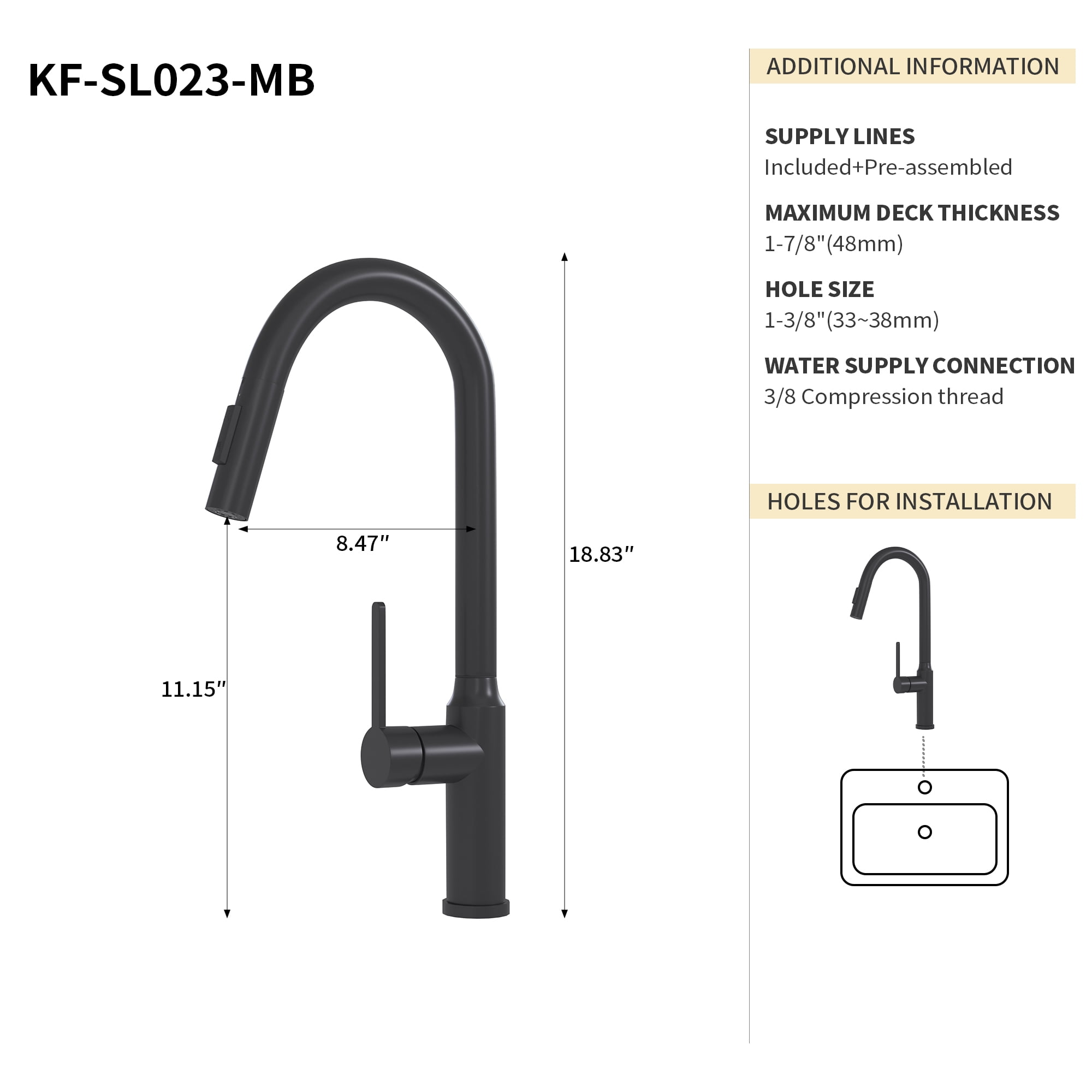 Bothwa Home KF-SL023-MB 19-Inch Talia Kitchen Faucet in Matte Black Finish