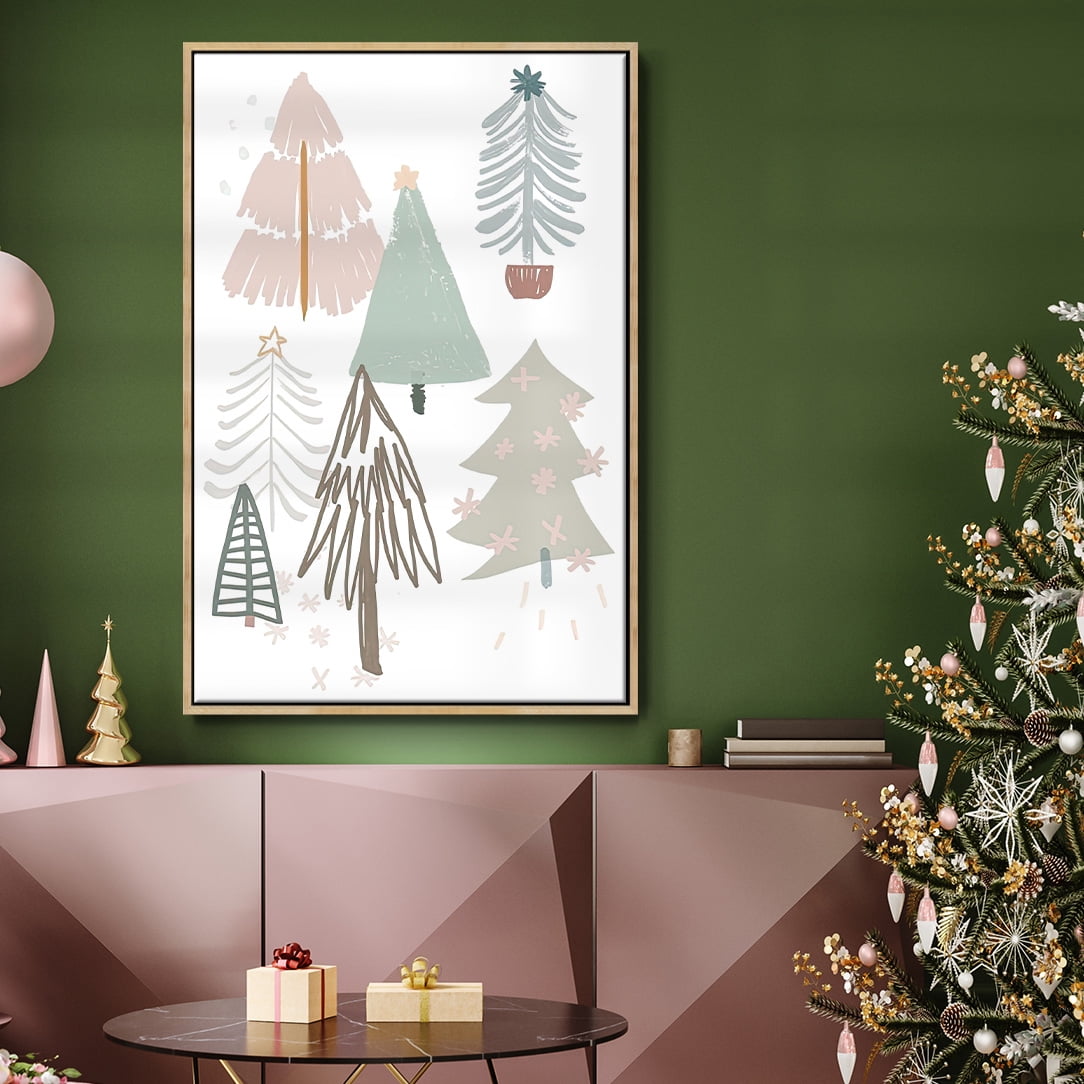Christmas Tree Sketchbook Collection B - Framed Gallery Wrapped Holiday Canvas - 17 x 25 - Natural Wood Frame
