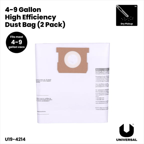 Universal High-Efficiency Dust Bag, 2-Pack, Fits 4 to 9 Gal Wet/Dry Vacuums