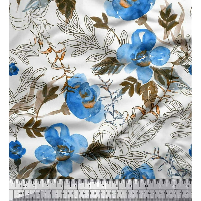 Soimoi Poly Georgette Fabric Flower & Leaves Watercolor Print Fabric by The Yard 42 Inch Wide
