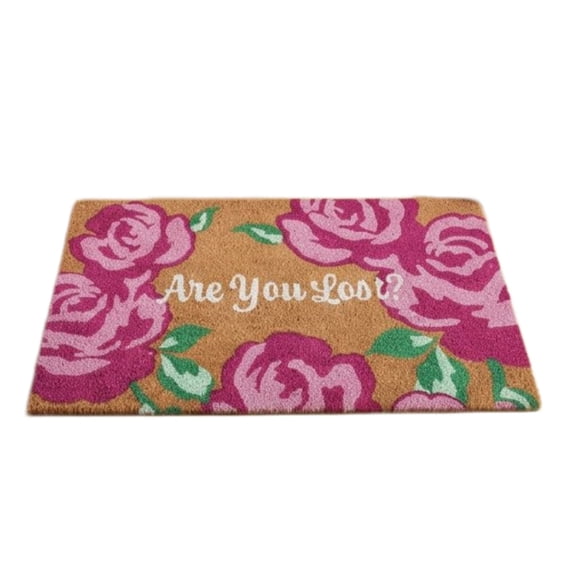 75x45cm Coir Front Door Mat, Pink Rose Floral Printed Welcome Rug, Are You Lost Quote Doormat for Porch Entryway Outdoor Farmhouse Decor