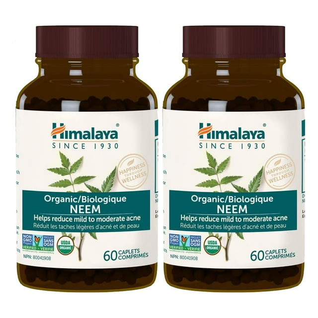 Himalaya Organic Neem para acn� leve y piel sana, 60 comprimidos, certificado org�nico por el USDA, sin OMG, suplemento sin gluten, 600 mg, suministr