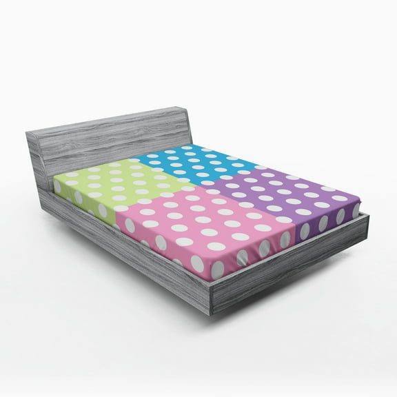 Ambesonne Retro Fitted Sheet, Polka Dots Patchwork, Queen Size, Pink Blue Green