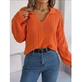 thumbnail image 4 of Solid Square Pattern Drop Shoulder Textured Knit Collared Sweater Orange Small, 4 of 5