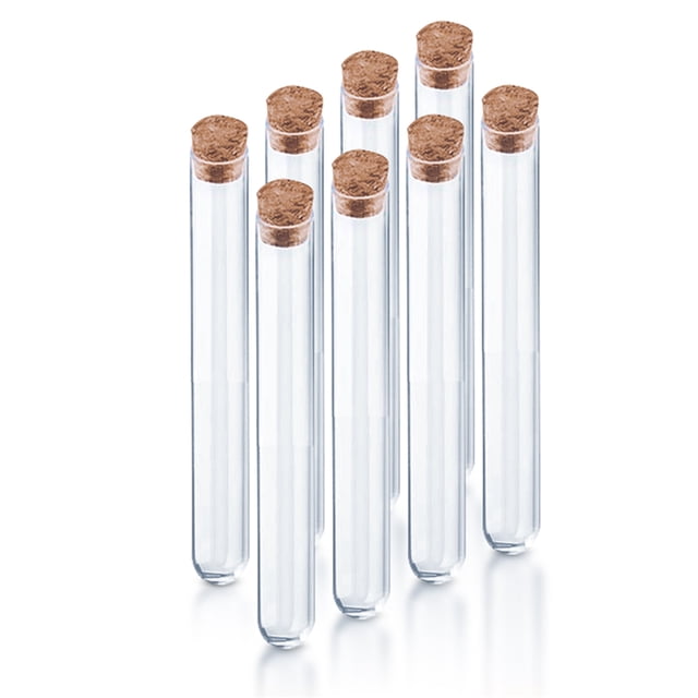 Riwesomey 8 Uds. De tubos de ensayo con tapones de corcho, tubos de laboratorio de plástico transparente, contenedores de líquidos, recuerdos de flores Medidores de medidas dimensionales Riwesomey BFH001291-00
