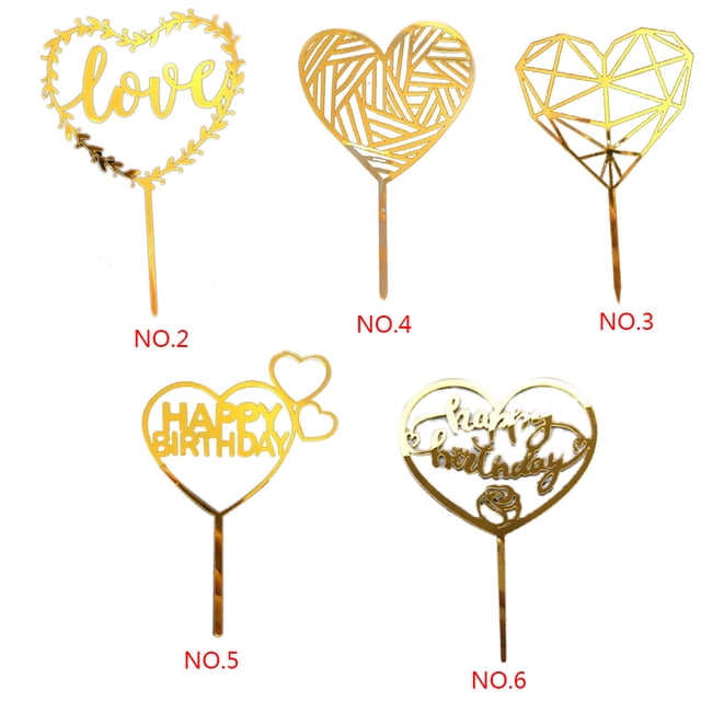Gold Acrylic Heart Collection Cake Topper Cake Flag; Dessert Decoration Birthday Party Cupcake Flag