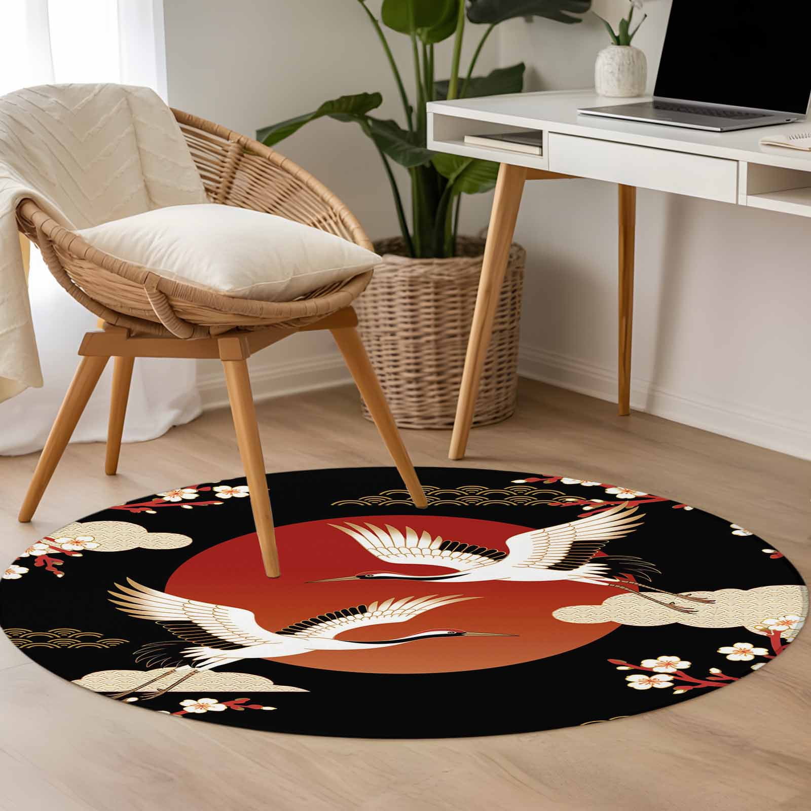 Japanese Style Round Area Rugs Collection 3.3', Modern Cranes Cherry Flower Wave Red Brown Non Slip Indoor Circular Throw Runner Rug Floor Mat Carpet for Living Room Dining Table Bedroom Nursery