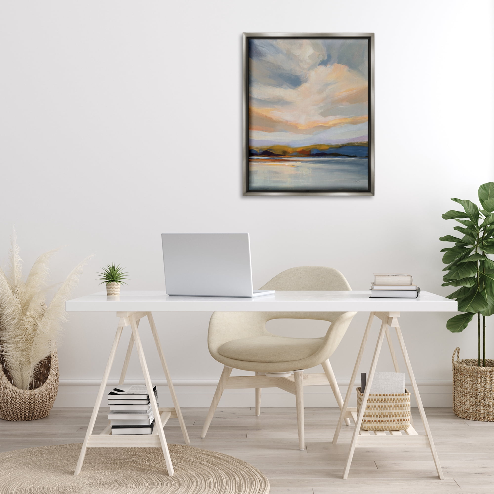 Stupell Industries Morning Glory Seascape Landscape Painting Gray Floater Framed Art Print Wall Art, 25 x 31
