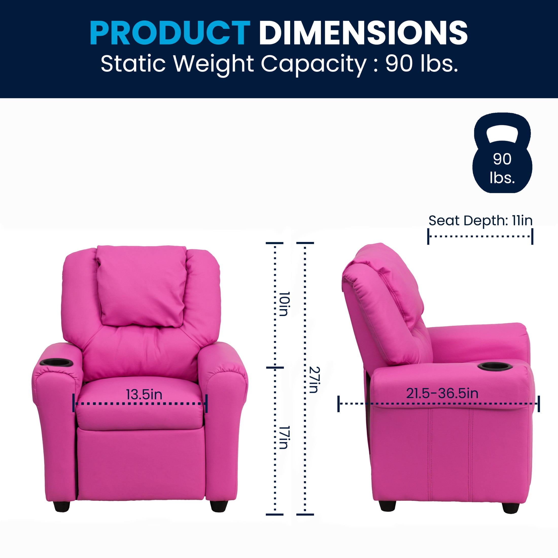 Flash Furniture Vana Contemporary Hot Pink Vinyl Kids Recliner with Cup Holder and Headrest