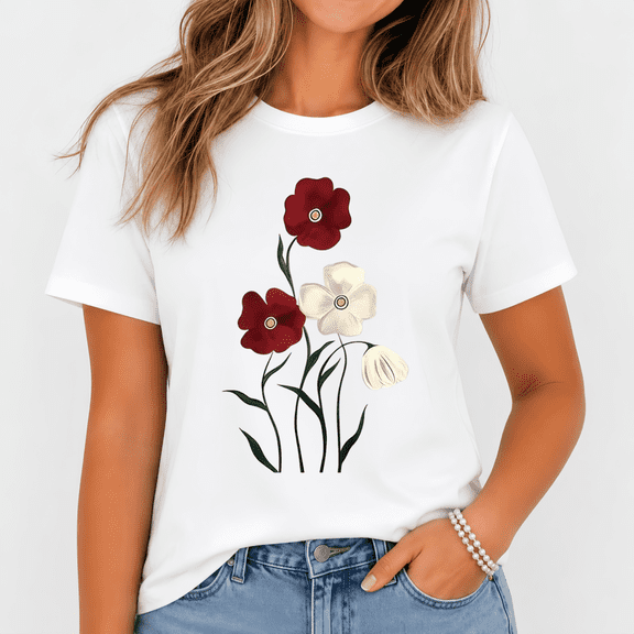 Women's Red White Floral Graphic T-Shirt Casual Everyday Summer Tee Top