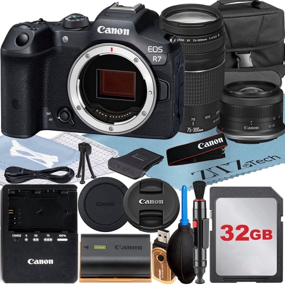Canon EOS R7 Mirrorless Camera with RF-S 18-45mm   EF 75-300mm Lens   32GB Memory Card   Case   ZeeTech Accessory Bundle (International Version)