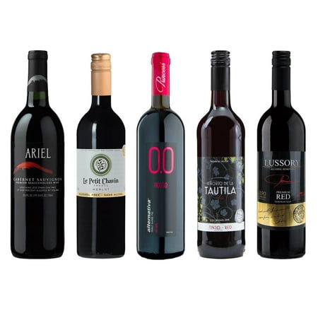Non-Alcoholic Red Sampler - Five (5) Bottles 750ml Each - Featuring Ariel Cabernet Sauvignon, Lussory Red, Le Petit Merlot, Princess Rosso Dry, and Tautila Tinto (USA, Spain, Italy, France)
