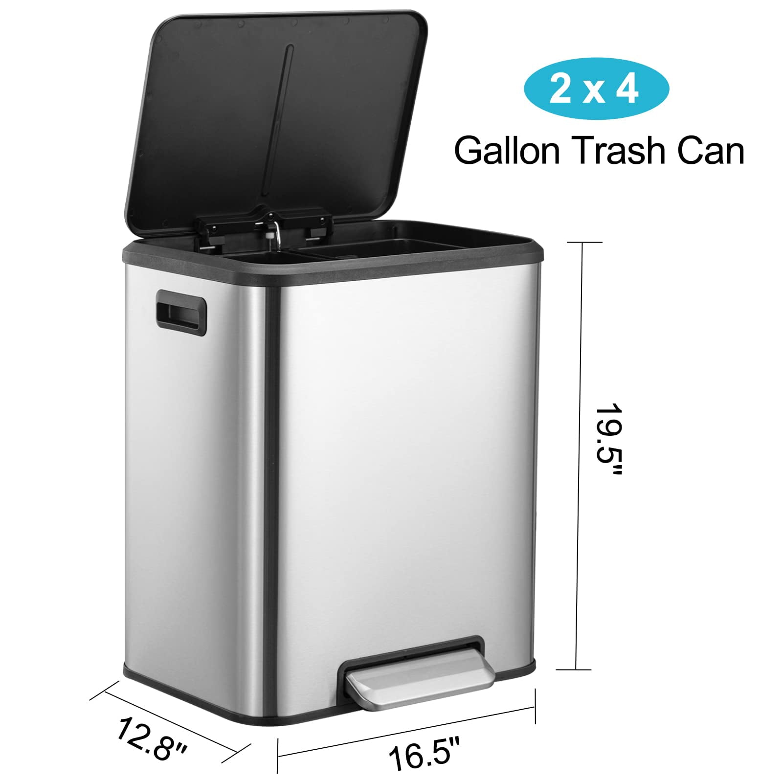 GymChoice Rectangular Dual Trash Can,Stainless Steel 2 x 4 Gal (2 x 15L) Garbage Can,Dual Compartment Recycling Kitchen Step Trash Can