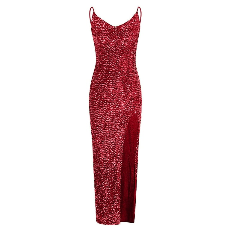 Iroinnid Maxi Dress for Women Formal Fall Dress Evening Dress Split V-neck Sequin Sleeveless Summer Sequin Dress,Red, Women's, Size: Large Iroinnid Maxi Dress for Women Formal Fall Dress Evening Dress Split V-neck Sequin Sleeveless Summer Sequin Dress,Red, Women's, Size: Large