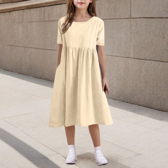 Vmvidoty Girls Casual Dress Puff Sleeve A-Line Swing Flared Party Birthday Formal Dresses Beige 150