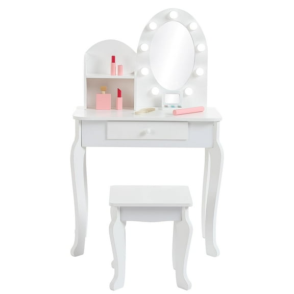 Kids Vanity Set, Princess Makeup Dressing Table and Stool Playset with Mirror & Drawers, Wooden Pretend Play Set for Girls Ages 4-9, Creative Dress-Up Fun, Birthday Gifts, and Room Decor