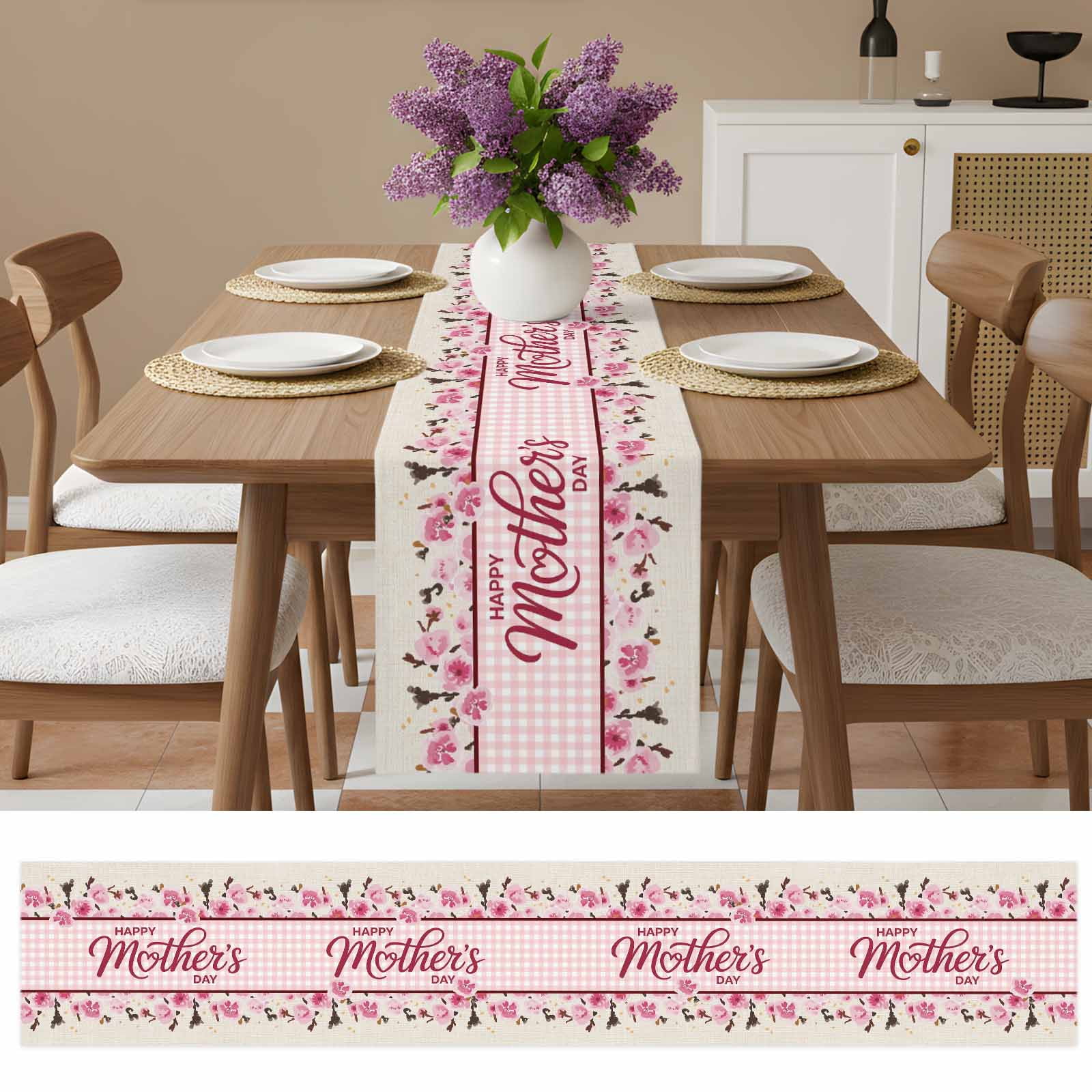 Happy Mother's Day Cotton Linen Table Runner for Dining Kitchen, Pink Floral Buffalo Plaid Burlap Wedding Outdoor Party Tablerunners Decoration, Dresser Scarf Coffee Tablecloth Runners 13x108 Inches