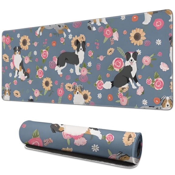 Long Mouse Pads for Desk,Border Collie Dog and Flower Florals Desk Mats on Top Of Desks, Desk Mouse Pad Extra Large with 3mm Non-Slip Base and Stitched Edge for Gaming,Office,Work,Home 31.5"x11.8"
