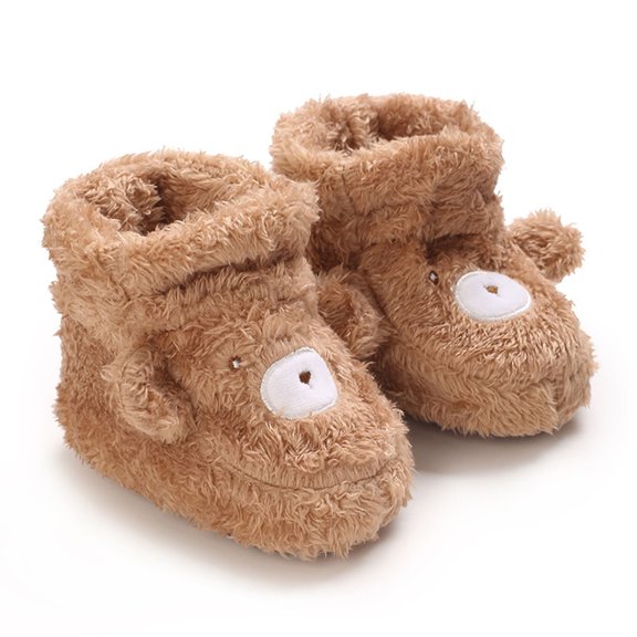 Xijirk Solid Fluffy Plush Cartoon Bear Baby Winter Booties Adjustable Strap Warm Anti Walking Slippers Brown,6-12 Months
