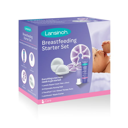 Lansinoh Breastfeeding Starter Set, Contains: 24 disposable Nursing Pads, 1 LatchAssist Nipple Everter, 2 TheraPearl Packs, 1 Lanolin Nipple Cream Tube 0.25