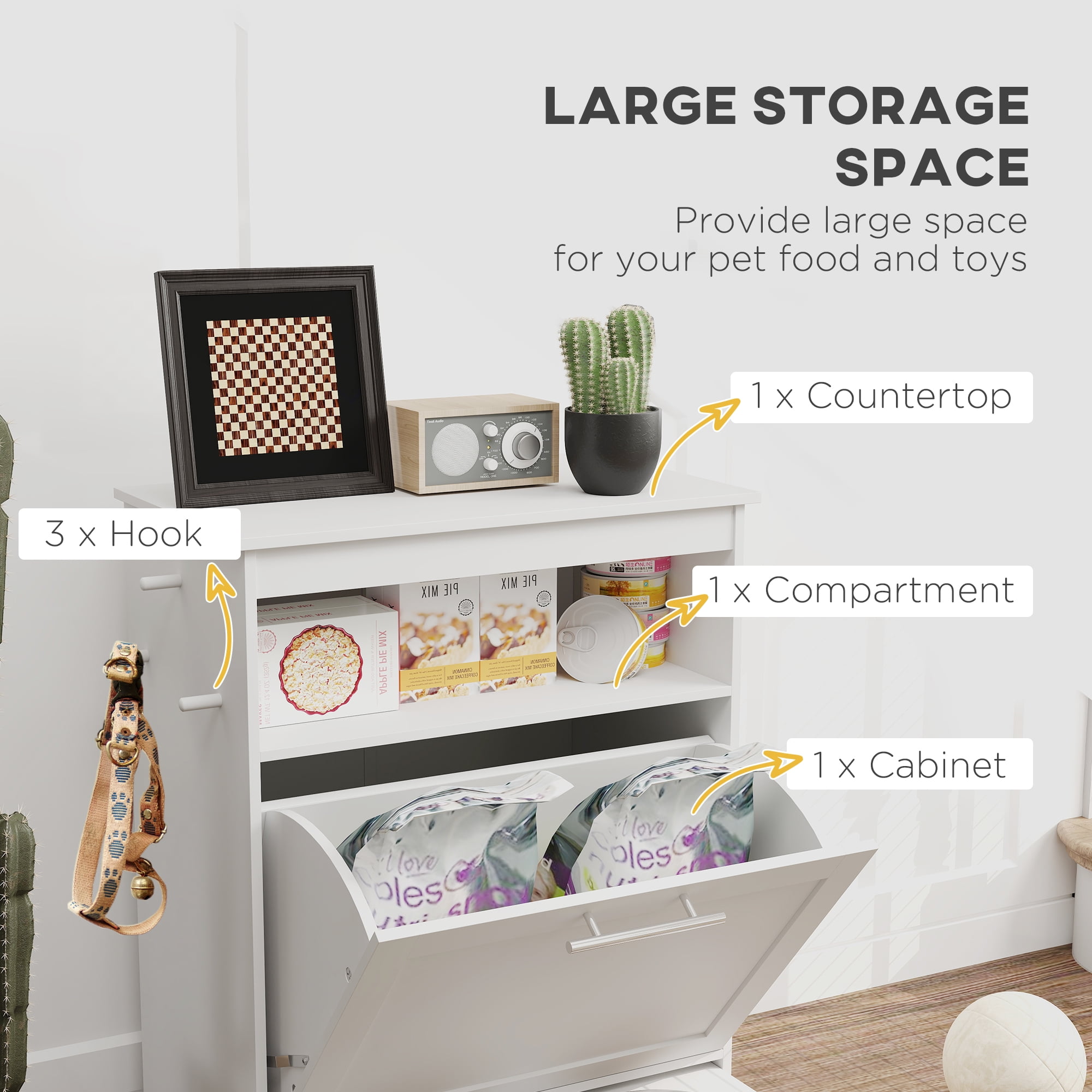 PawHut Pet Feeder Station Storage Cabinet, Dog Food Storage Container with Raised Dog  Bowls and Hanger for Feeding & Watering Supplies, White