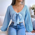 thumbnail image 5 of Women Long Sleeve Crop Front Bowknot Ribbed Knit Pullover Sweaters Fall Winter V Neck Crop Tops Pullover Blue S, 5 of 8