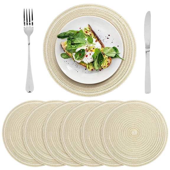Celectigo 6pcs Round Braided Placemats Set, Cotton Fabric Round Table Mats, 11.8" Place Mats for Dining, Woven Kitchen  Table Mats, Beige