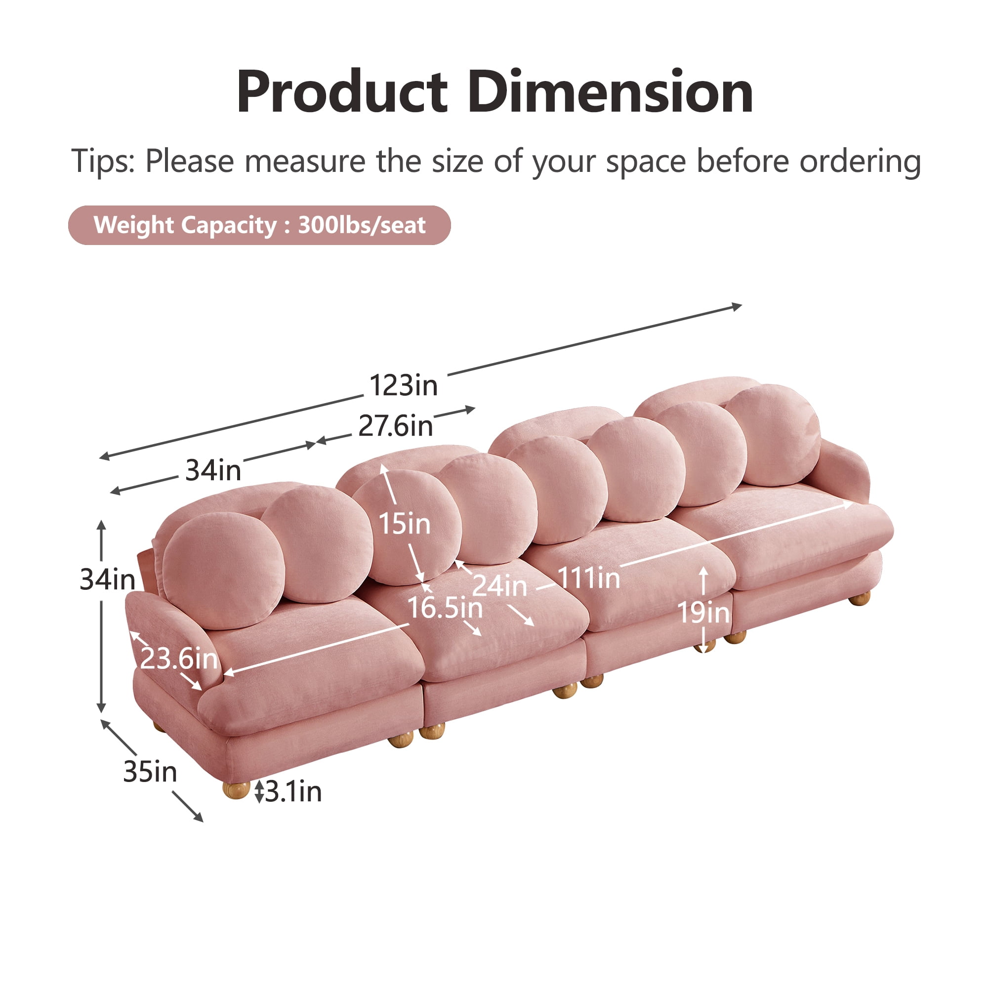 123" Large Chenille Modular Sectional Sofa 4 Seater Deep Seat Couch with 8 Throw Pillows