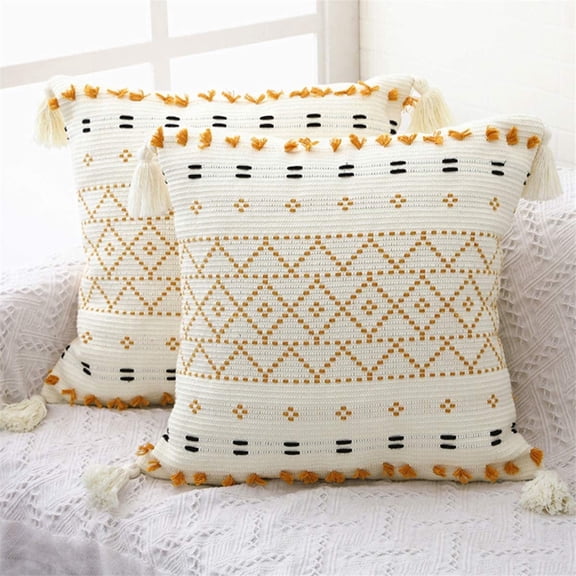 Boho Decorative Throw Pillow Cover 18X18 Set of 2, Farmhouse Decorative Pillow Covers for Couch Sofa Living Room, Yellow & White