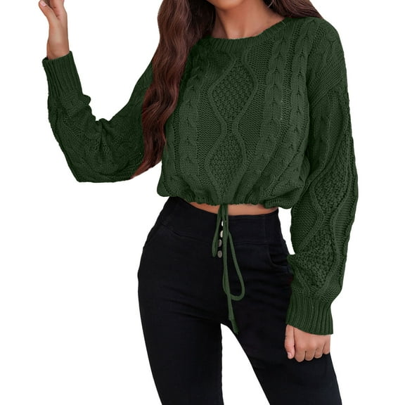 VISALY Pullover Crewneck Sweatshirt Knit Sweater Women's Cable Knit Sweaters Drop Shoulder Long Sleeve Crew Neck Casual Pullover Tops Crochet Sweaters Lightweight Pullover Soft Sweaters Army Green L