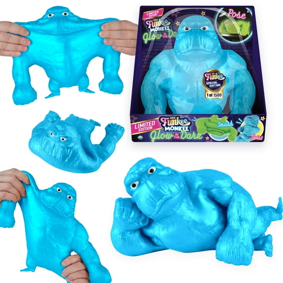 ORB Funkee Monkee GLOW (Blue) Squishy Monkey Toy - Limited Edition (2500 Produced) - Big 4.5 Lb Stretchy Monkey - Squeeze for Stress Relief - Collectible Glow in the Dark Fidget Toy, Stress Gorilla
