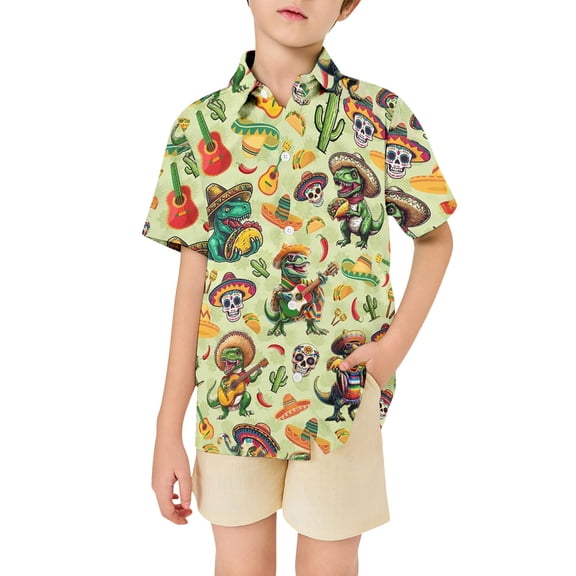 Hienoo Toddler Boys Summer Beach Shirt Trendy Dinosaur Print Breathable Button Down Shirt