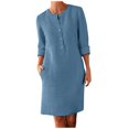 thumbnail image 2 of Robe en Lin de Coton pour Femmes Manches Mi-Longues Robe Unie Col Rond Décontractée Robe de Soirée Tenue de Détente, 2 of 5