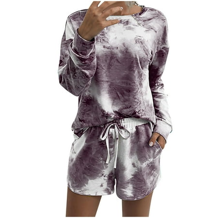 

BRKEWI Women s Tie T-Shirt Round Neck Long Sleeve Shorts Pajamas Long Sleeve Top Short Sleeve Suit Two Piece Set
